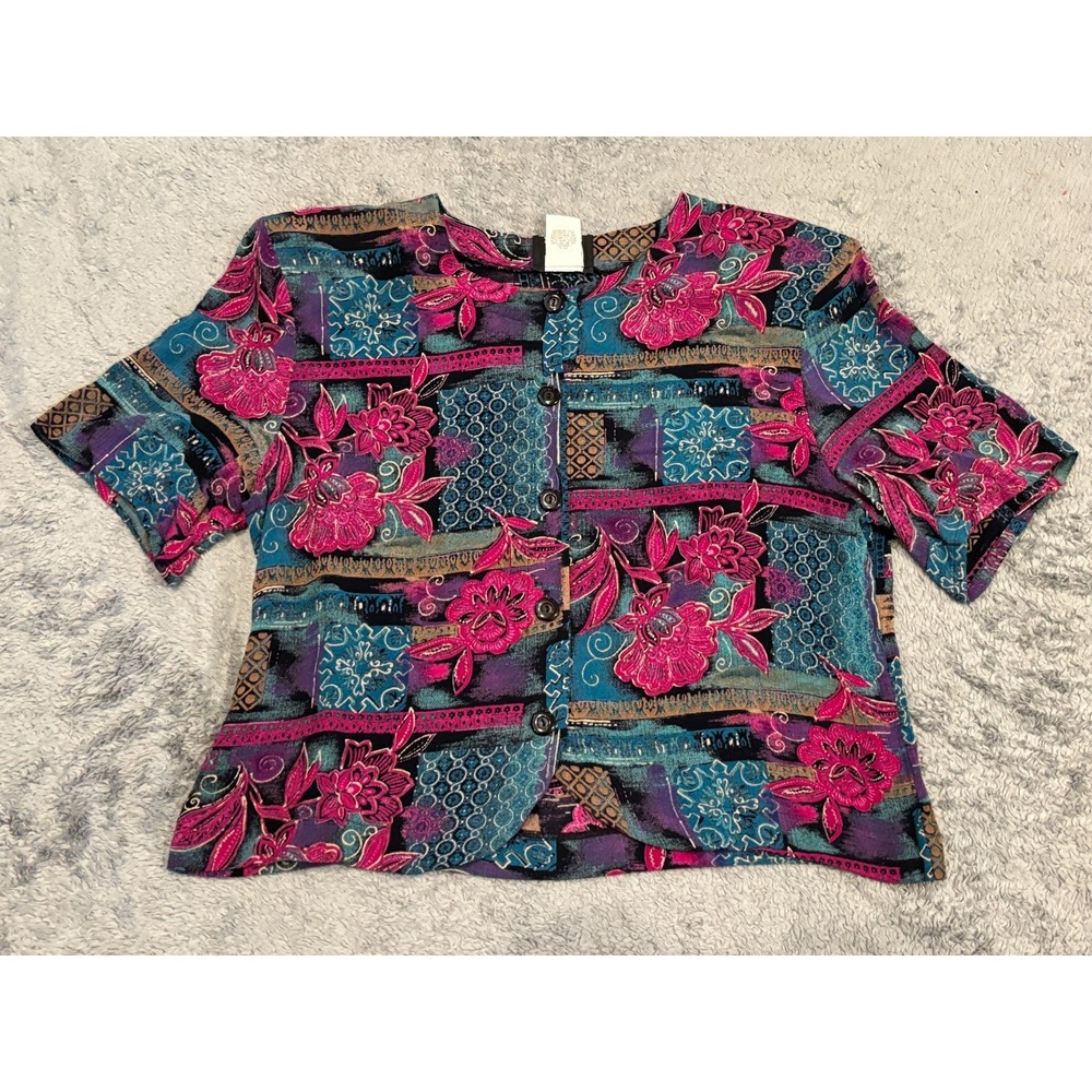 Vintage Fritzi Of California Blouse Womens M Mulitcolor Button Shoulder Pads